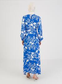 White - Saxe - Floral - Crew neck - Unlined - Modest Dress