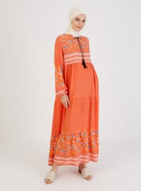 Orange - Floral - Crew neck - Unlined - Modest Dress