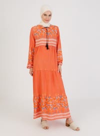 Orange - Floral - Crew neck - Unlined - Modest Dress
