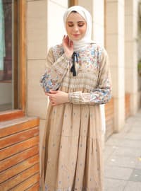Floral Patterned Modest Dress Mink