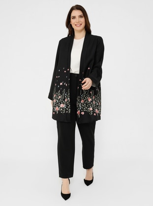 Black - Floral - Unlined - Plus Size Suit - Alia