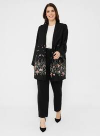 Black - Floral - Unlined - Plus Size Suit