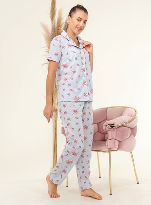 Blue - Shawl Collar - Multi - Pyjama Set - Ladymina Pijama