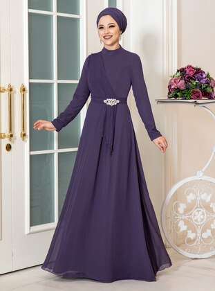 Navy Blue - Purple - Fully Lined - Crew neck - Modest Evening Dress - Aslan Polat