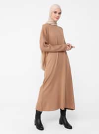 Camel - Crew neck - Unlined - Acrylic - Triko - Modest Dress