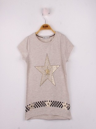 Toontoy  Kız Çocuk T-Shirt Yıldız Baskı-Kahve Melanj - Bej - Toontoy