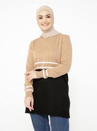 Crew Neck Color Detailed 80Cm Knitwear Tunic Biscuit