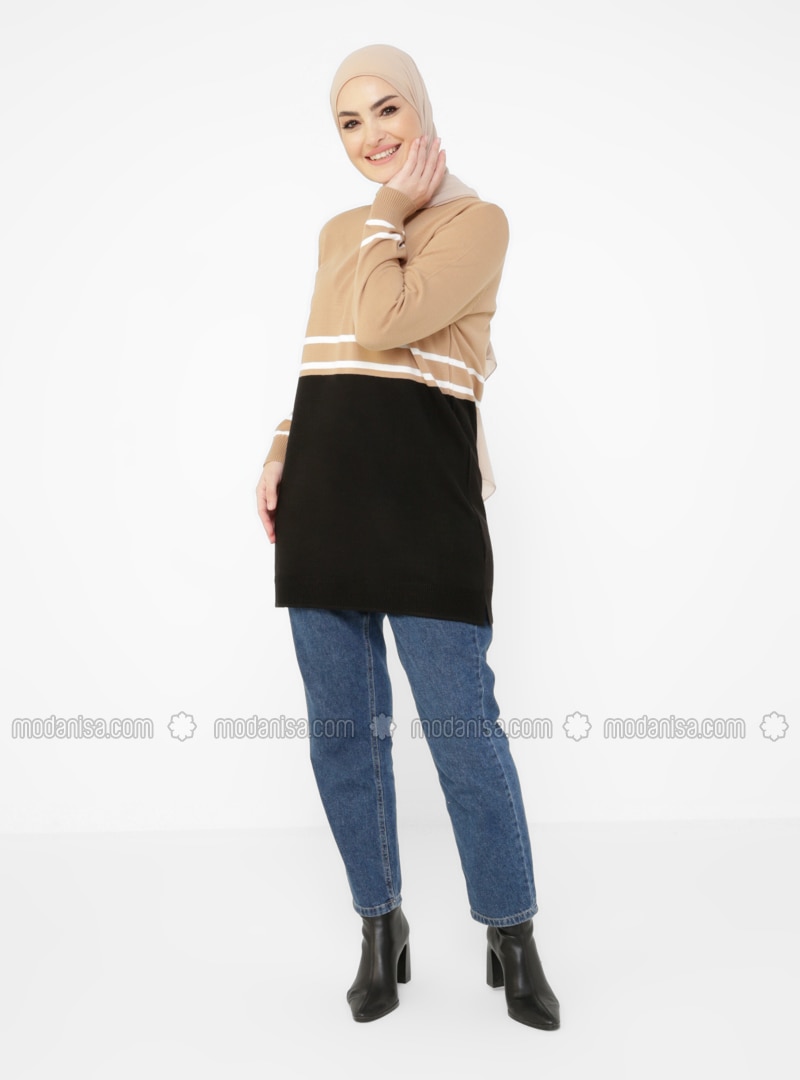 Crew Neck Color Detailed 80Cm Knitwear Tunic Biscuit