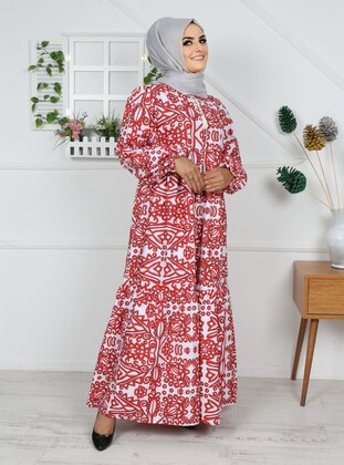 White - Red - Multi - Polo neck - Unlined - Cotton - Modest Dress - Pink Lady`s