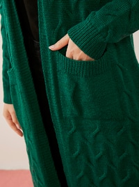 Zigzag Patterned Long Sweater Cardigan With Self Pockets Emerald Green