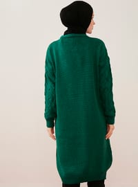 Zigzag Patterned Long Sweater Cardigan With Self Pockets Emerald Green