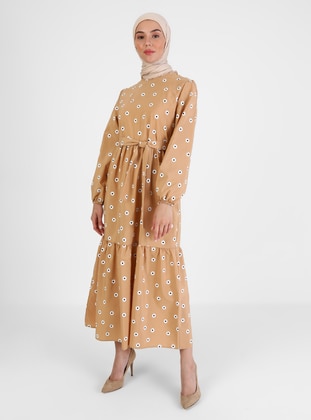 Beige - Floral - Unlined - Cotton - Modest Dress - Sevit-Li