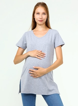 Gray - Crew neck - Maternity Tunic / T-Shirt - Luvmabelly