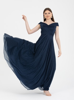 Navy Blue - Fully Lined - Boat neck - Modest Evening Dress  - Meksila