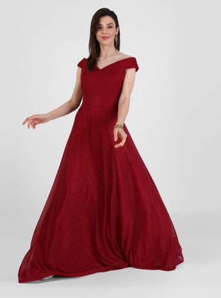 Cherry - Fully Lined - Boat neck - Modest Evening Dress - MEKSİLA