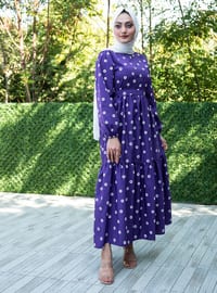 Purple - Floral - Unlined - Cotton - Modest Dress - Sevit-Li