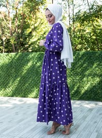 Purple - Floral - Unlined - Cotton - Modest Dress - Sevit-Li