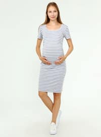Gray - Stripe - Crew neck - Maternity Dress