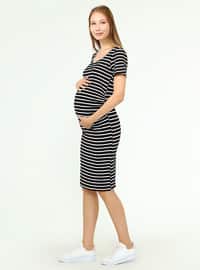 Black - Stripe - Crew neck - Maternity Dress