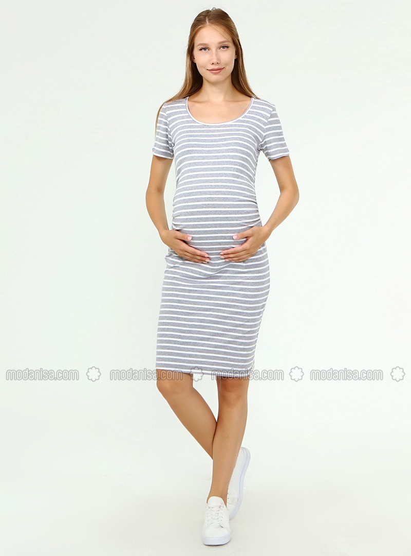 Gray - Stripe - Crew neck - Maternity Dress