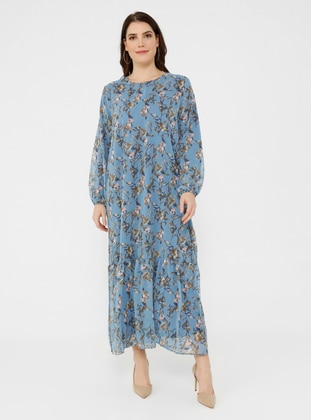 Blue - Floral - Fully Lined - Crew neck - Plus Size Dress - Alia
