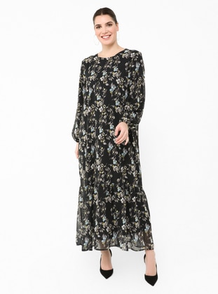 Plus Size Lined Floral Patterned Chiffon Dress Black