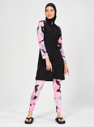 Pink - Multi - Fully Lined - Full Coverage Swimsuit Burkini - Alfasa
