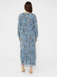 Blue - Floral - Fully Lined - Crew neck - Plus Size Dress