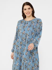 Blue - Floral - Fully Lined - Crew neck - Plus Size Dress