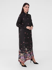 Black - Floral - Unlined - Point Collar - Plus Size Dress