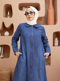 Dark Blue - Unlined - Point Collar - Cotton - Abaya