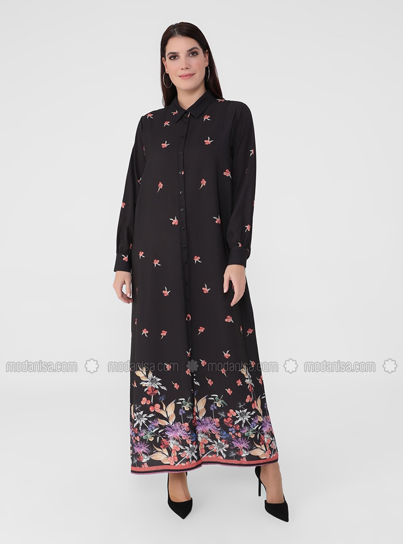 Black - Floral - Unlined - Point Collar - Plus Size Dress
