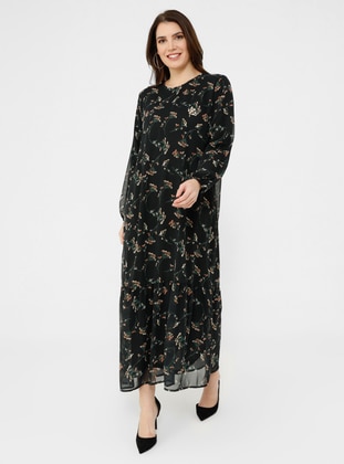 Black - Floral - Fully Lined - Crew neck - Plus Size Dress - Alia