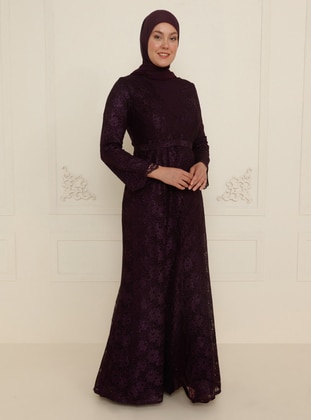 Purple - Fully Lined - Crew neck - Modest Plus Size Evening Dress - Sevdem Abiye