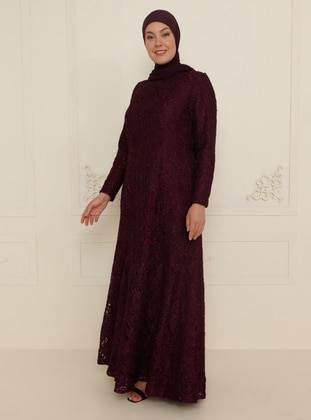 Lace Detailed Tulle Hijab Evening Dress Purple