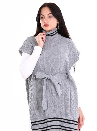 Gray - Black - Unlined - Knit Ponchos - Nare