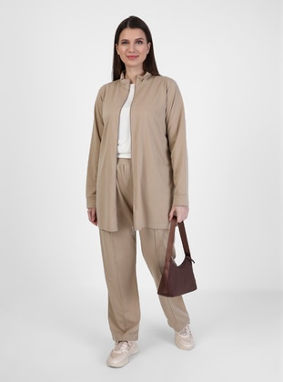 Latte - Polo neck - Unlined - Cotton - Plus Size Suit - Alia