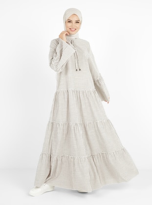 Natural Fabric Line Patterned Flared Sleeve Modest Dress Khaki