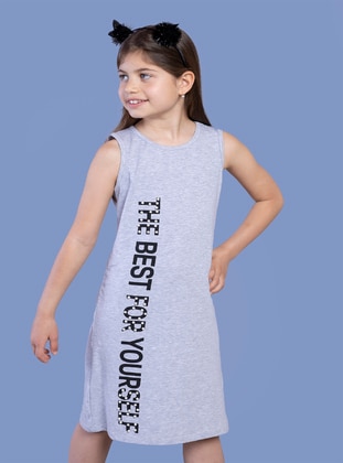 Girl's Pearl Detailed Printed Dress Gray Melange