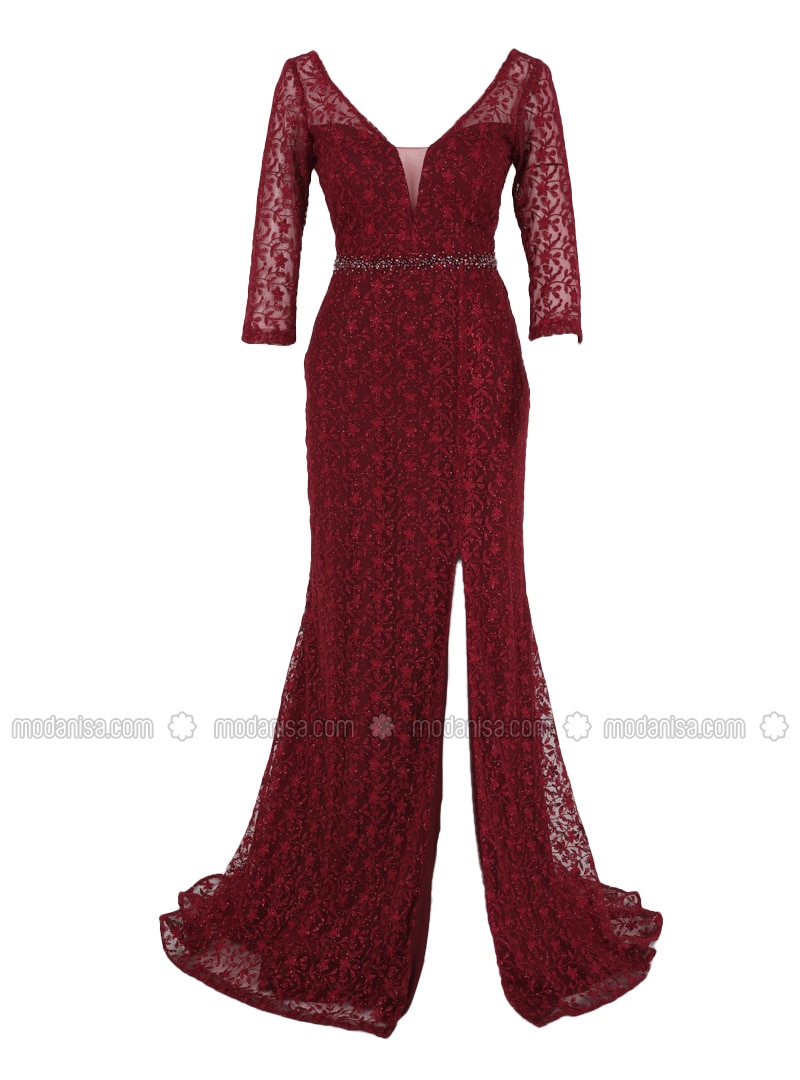 Fully Lined - Multi - Maroon - Crew neck - Evening Dresses