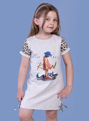 Toontoy Kız Çocuk Leopar Detaylı Baskılı Elbise-Kahve Melanj