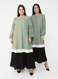 Ecru - Black - Olive Green - Unlined - Crew neck - Plus Size Dress