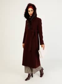 Faux Fur Detailed Coat With Hood Plum Color
