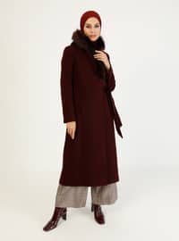 Faux Fur Detailed Coat With Hood Plum Color