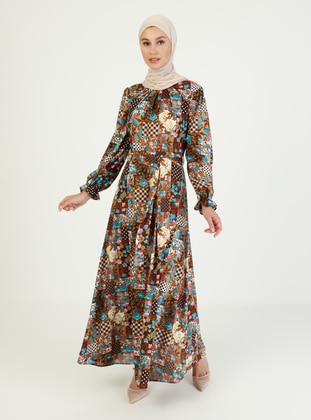 Patterned Modest Dress Brown