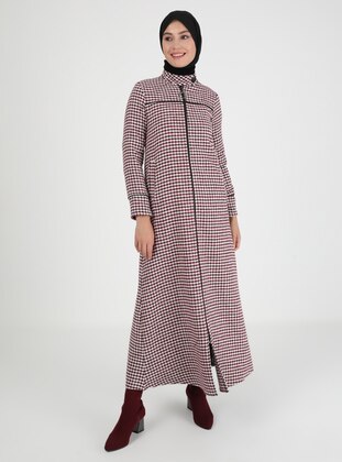 Maroon - Houndstooth - Unlined - Polo neck - Coat - Miss Cazibe