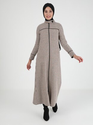 Brown - Houndstooth - Unlined - Polo neck - Coat - Miss Cazibe