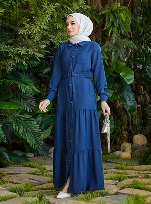 Belt Detailed Modest Dress Indigo