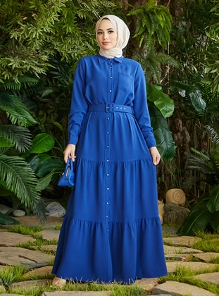 Belt Detailed Modest Dress Sax Blue