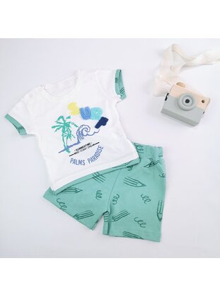 Printed - Crew neck - Unlined - Green - Combed Cotton - Baby Suit - MİNİPUFF BABY